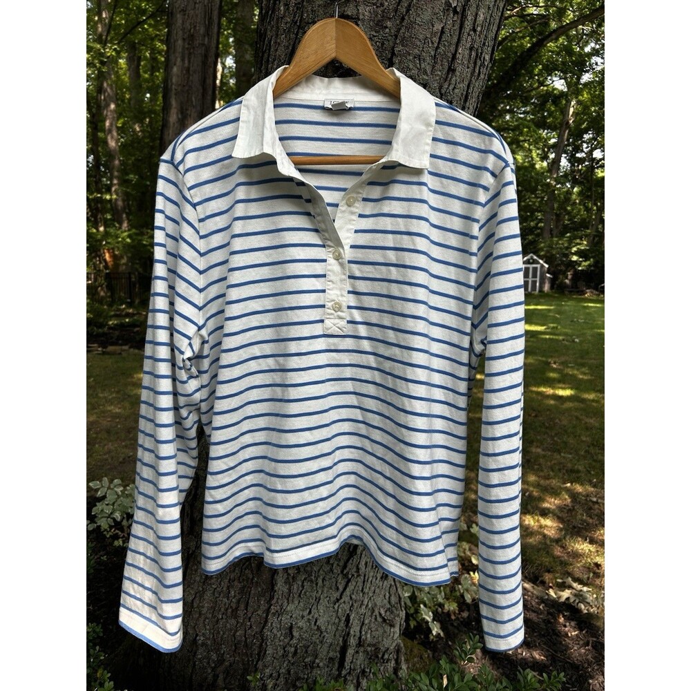 J.Crew Poplin Collar Polo Shirt Size Large Blue White Stripe Long Sleeve Top - Picture 2 of 8